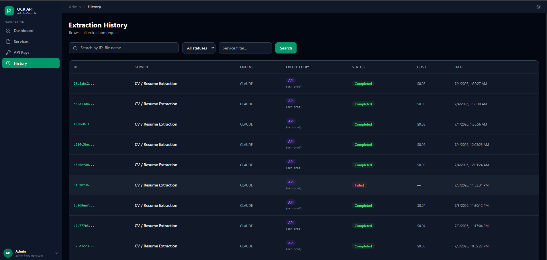 OCR API Admin Console — riwayat ekstraksi CV dan dokumen dengan status, biaya, dan engine