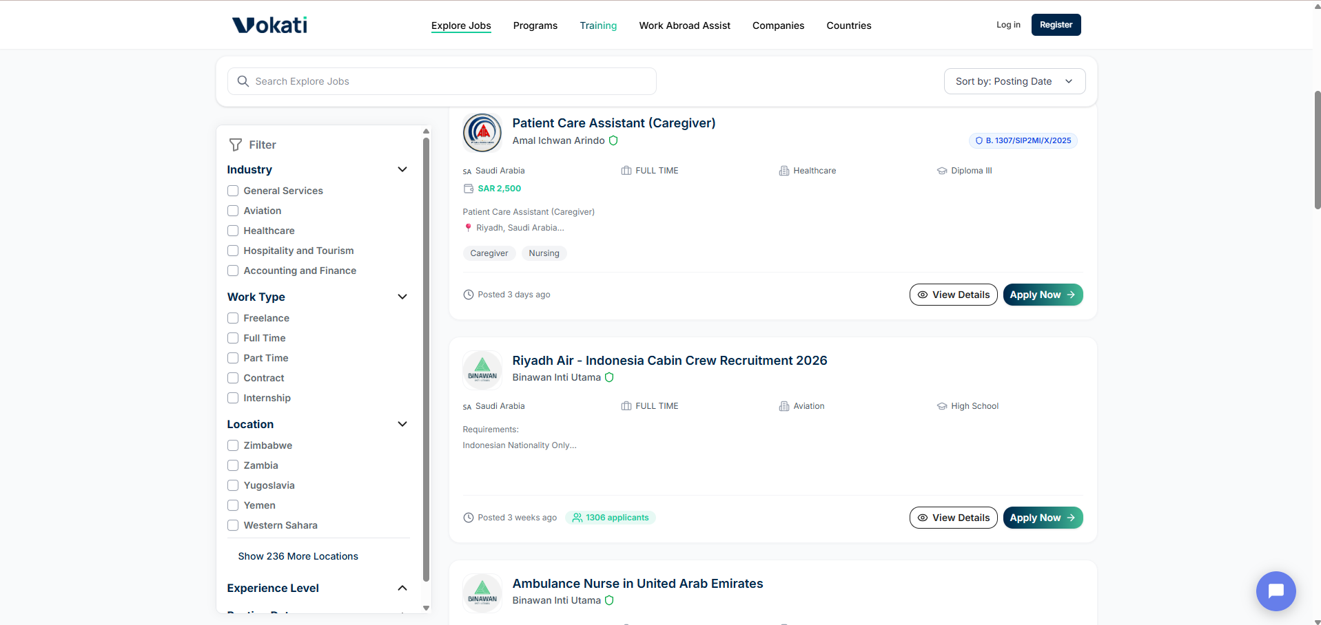 Halaman Explore Jobs Vokati dengan filter industri, lokasi, dan tipe kerja